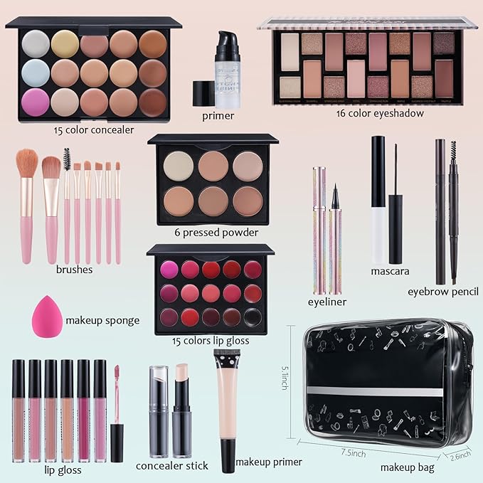 Makeup Kit For Women Full kit, Makeup Set For Teen Girls Eyeshadow Lip gloss Lipstick Make up Brushes Eyebrow Eyeliner Pen Liquid Concealer Foundation Primer Puff Eye shadow Shields Eye Brow Stencil-VeraVaultWomen