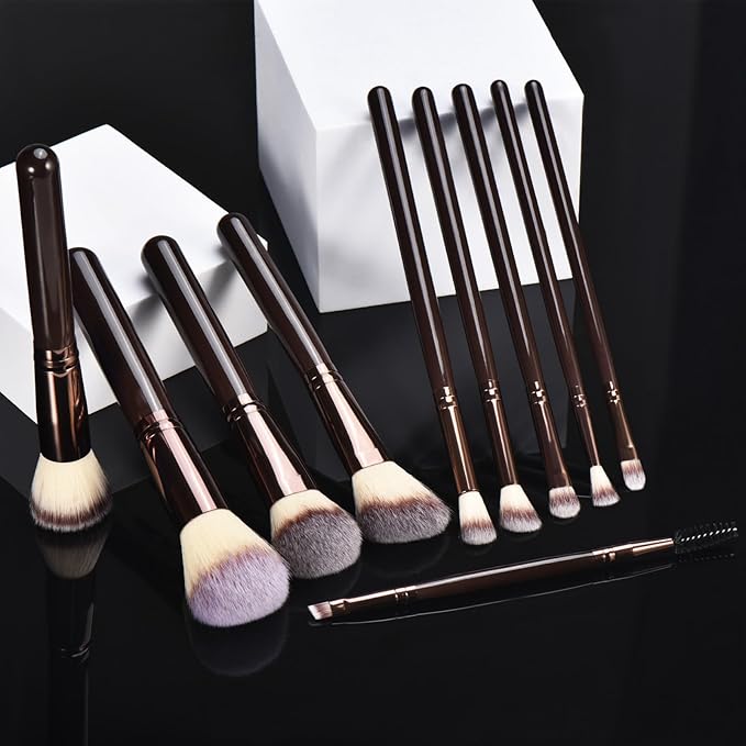 10 Piece Black brown Makeup Brushes and 10 Piece Makeup Sponge – Wooden Handle,with Soft Synthetic Bristles,|Professional Makeup Brushes set for Women & Girls|-VeraVaultWomen