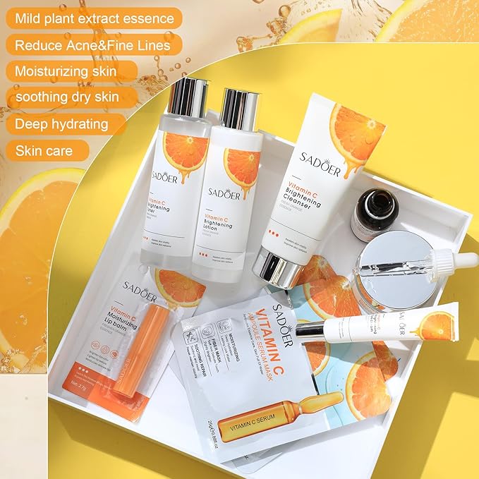 10 Pcs Skin Care Sets Face Care Set for Women Includes 1 Pcs Cleanser, Toner, Lotion, Eye Cream, Serum, Face Cream, Lip Balm and 3 Facial Masks Skincare Gift for Girls (Vitamin C)-VeraVaultWomen