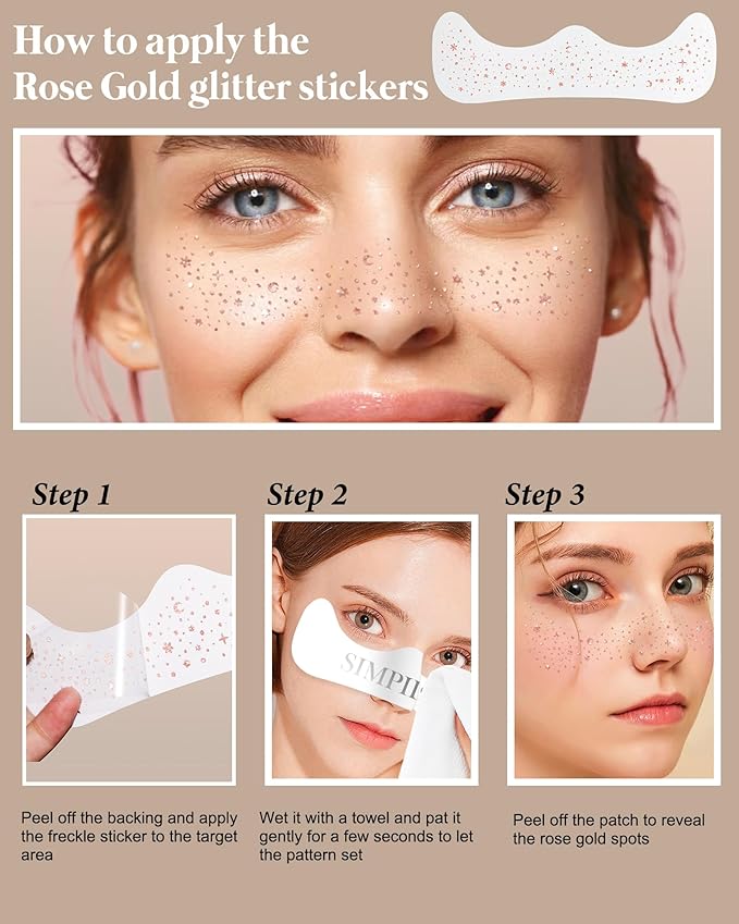 Glitter Freckles -Body Glitter Rave Festival Accessories - Rose Gold Face Glitter Waterproof Face Tattoos Speckles Makeup Patches for Women, Grils, Cosplay & Country Concerts - 8 Counts