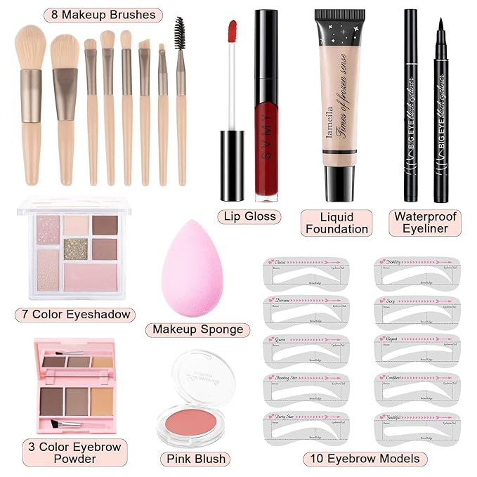 Makeup Kit for Teens Girls, Makeup Present Set for Women, Makeup Full Kit for Beginners, Mini Makeup Bundle Include 7 Pink colors Matte & Shimmer Pigmented Eyeshadow Palette, Eyebrow Powder-VeraVaultWomen