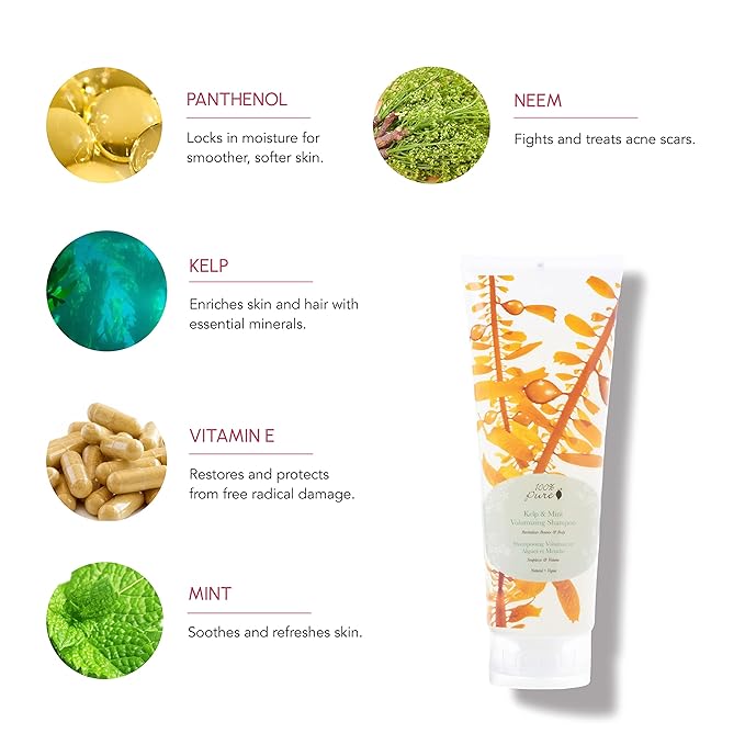 100% PURE Kelp & Mint Volumizing Shampoo Purifying Hydration & Deep Detox - Botanical Body Boost for Dry, Damaged Thinning Hair, Promotes Healthy Growth for Women & Men - Sulfate Free - 8 Fl Oz-VeraVaultWomen