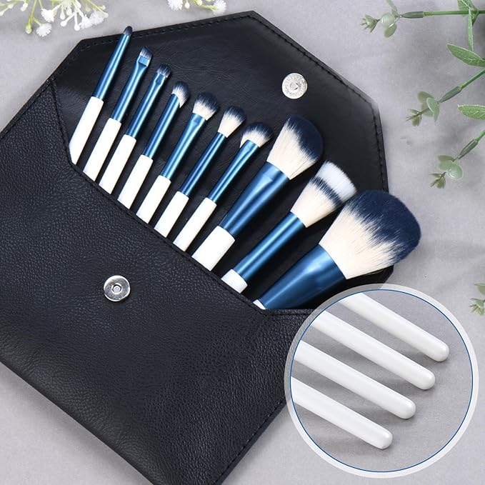Makeup Brushes Set With Case 10Pcs White Makeup Brush Kit Foundation Eyeshadow Powder Blending Kabuki Eyebrow Eyelash Brushes Cosmetic Brush Travel Kit Gift (White+Blue)-VeraVaultWomen