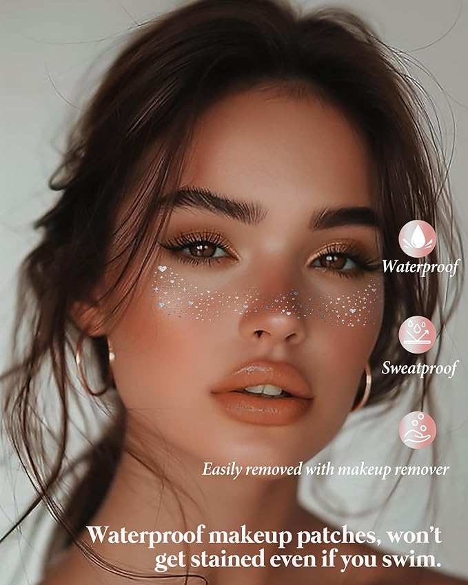 Glitter Freckles, Face Glitter for Kids Women Girls, Waterproof Glow Up Singer Concerts Festival Rave Accessories (Silver -Hearted)