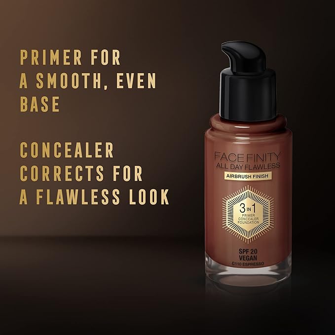 Max Factor Facefinity 3-in-1 All Day Flawless Liquid Foundation, SPF 20-110 Espresso, 30 ml-VeraVaultWomen