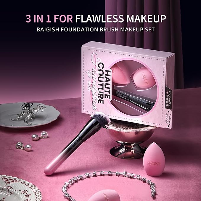 Makeup Brush Set, Flat Top Kabuki Brush Premium Foundation Brush for Liquid, Cream, and Powder with 2 Makeup Sponge for Foundation, Powder, Blush, and Concealer-VeraVaultWomen