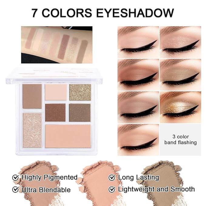 Makeup Kit for Teens Girls, Makeup Present Set for Women, Makeup Full Kit for Beginners, Mini Makeup Bundle Include 7 Nude colors Matte & Shimmer Pigmented Eyeshadow Palette, Eyebrow Powder-VeraVaultWomen