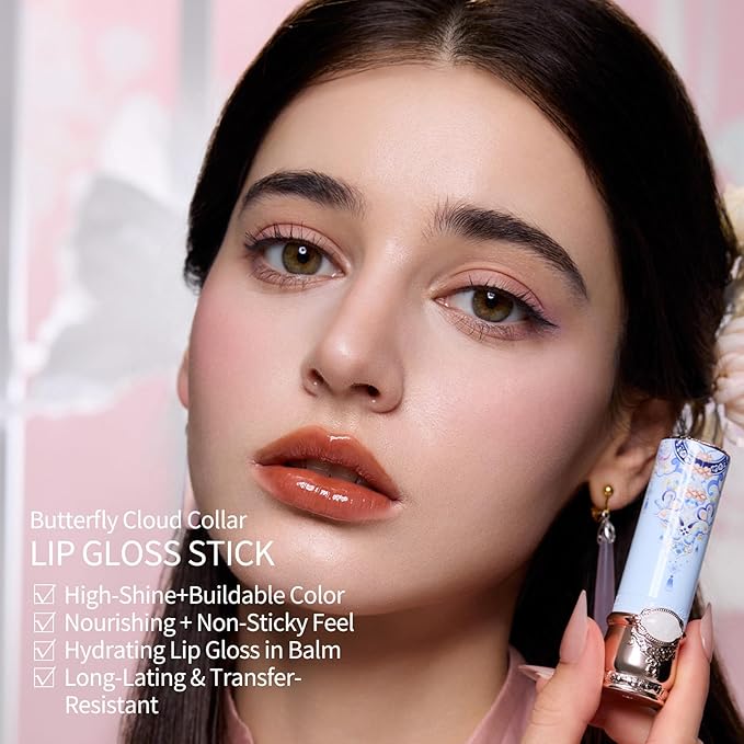 Flower Knows Butterfly Cloud Collar Glossy Lipstick,Hydrating Solid Lip Gloss,Moisturizing Nude Tinted Lip Balm,Long Lasting Lip Gloss in Balm for Girls&Women,Vegan & Cruelty-Free(C03 Sandalwood)