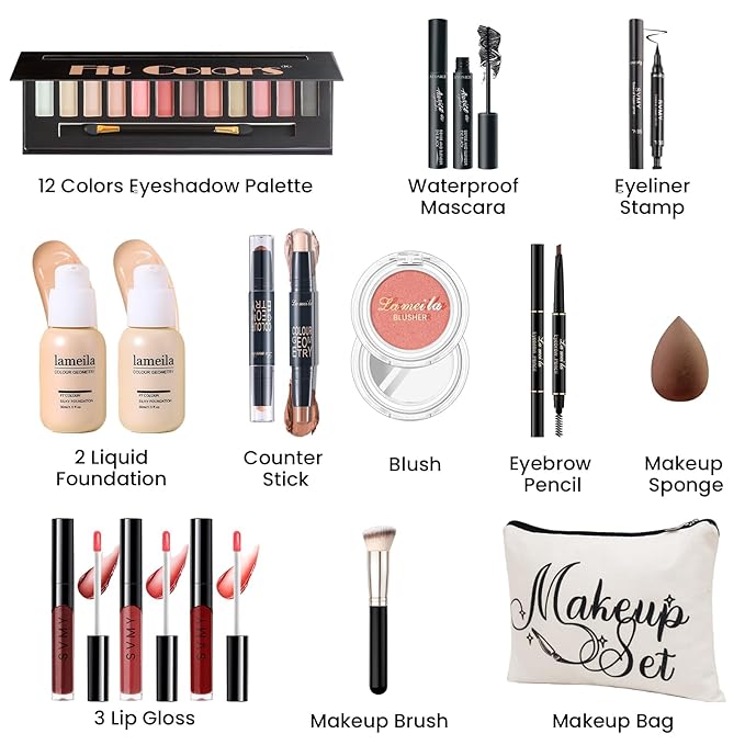 Makeup Kit for Girls Teens, Travel Makeup Kit, Facial Makeup Full Kit, Makeup Present Set for Beginners & Professionals, Cosmetic Bag Include Pigmented Blendable Eyeshadow Palette, concealer-VeraVaultWomen