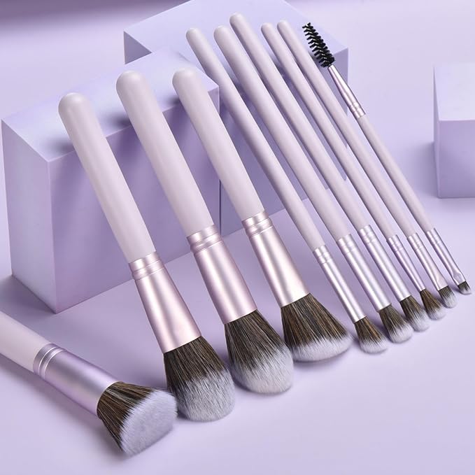 10 Piece Purple Makeup Brushes Set and 3 Piece Makeup Sponge - Wooden Handle with Soft Synthetic Bristles, for Face & Eye Makeup | Professional Cosmetic Brushes | Includes Travel Pouch-VeraVaultWomen