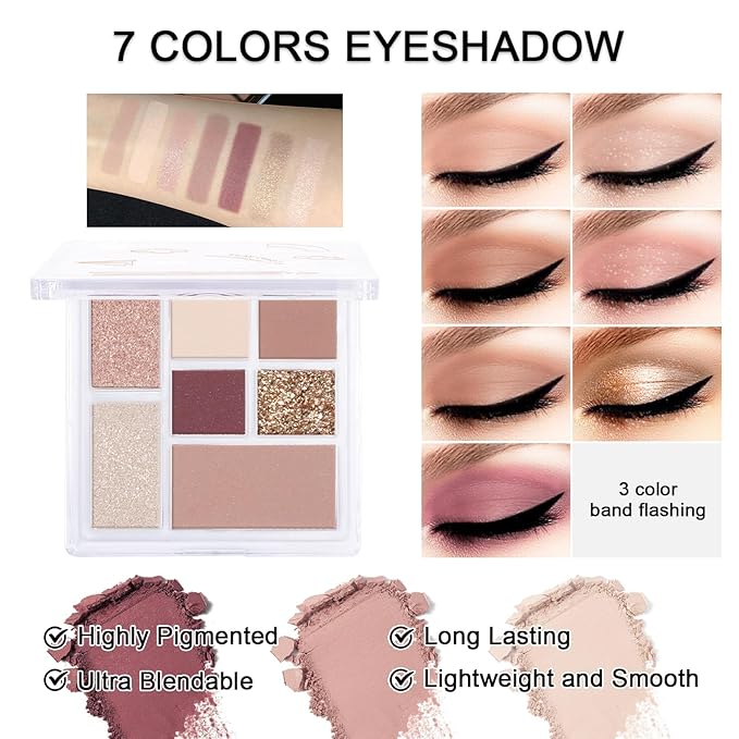 Makeup Kit for Teens Girls, Makeup Present Set for Women, Makeup Full Kit for Beginners, Mini Makeup Bundle Include 7 Puce colors Matte & Shimmer Pigmented Eyeshadow Palette, Eyebrow Powder-VeraVaultWomen