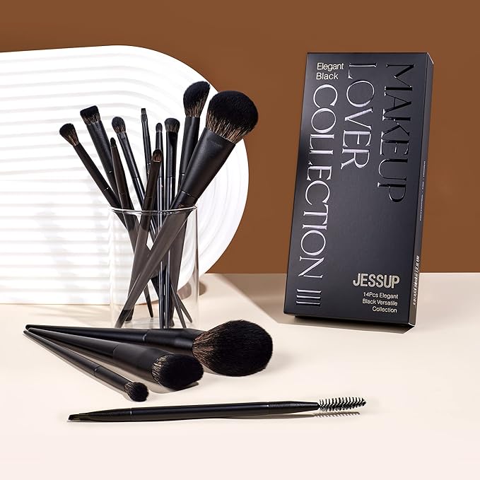 Makeup Brushes Set Jessup Make up Brushes 14Pcs Black Kabuki Foundation Eyeshadow Contour Concealer Powder Eyeliner Crease Eyebrow Blending Brush, T336-VeraVaultWomen
