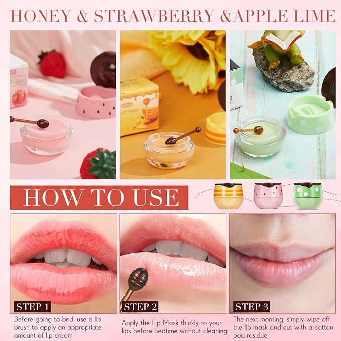 12 Pcs Bee Lip Balm Honey Pot with Brush Propolis Lip Mask Overnight, Moisturizing Hydrating Lip Sleeping Mask Prevention Dry and Cracked(Honey+Strawberry+Apple Lime)-VeraVaultWomen