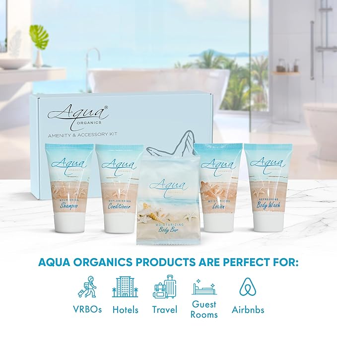 1-Shoppe All-In-Kit|Aqua Organics Amenity Kit|Boxed Hotel Toiletries|Bulk Set 1oz Travel Size Shampoo,Conditioner,Lotion,Body Wash & Bar Soap for Guest Hospitality AirBnB/Vacation Rentals|5 Pieces-VeraVaultWomen