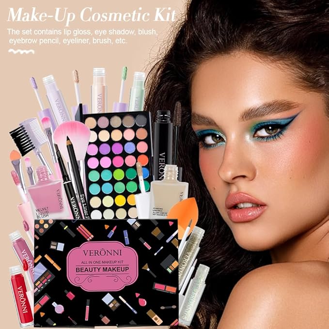 Makeup Kit for Women Full Kit, All in one makeup kit with Eyeshadow Eyeliner Eyebrow Lip Gloss Face Makeup & Brushes Full Starter Cosmetics Set For Girls & Teens (Set A)-VeraVaultWomen
