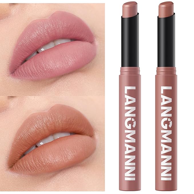 Jolilab 2 Pcs Velvet Matte Lipstick Nude Matte Soft Dark Color Stick Waterproof Long-Lasting Non-Stick Cup High Pigmented Lip Stick Lip Balm Beauty Cosmetics Gift for Girls(01#+02#