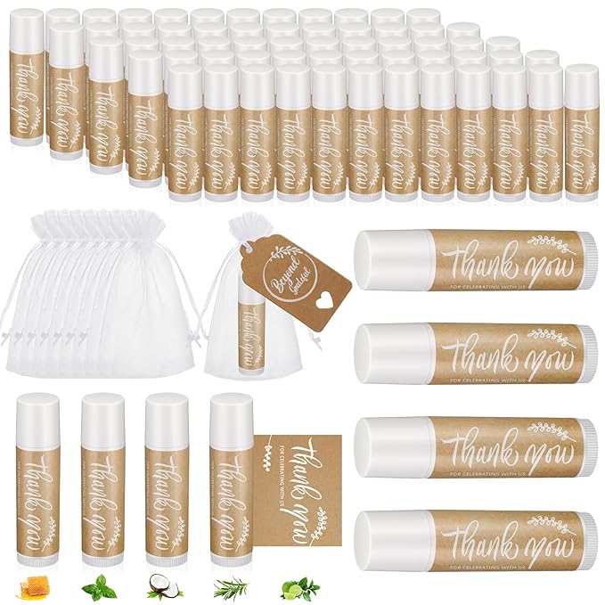 100 Set Thank You Lip Balm Bulk Small Natural Moisturizing Mini Lip Balm with Organza Bag and Card for Baby Wedding Bridal Shower Thank You Favors Bridesmaid Gifts Women Guests-VeraVaultWomen