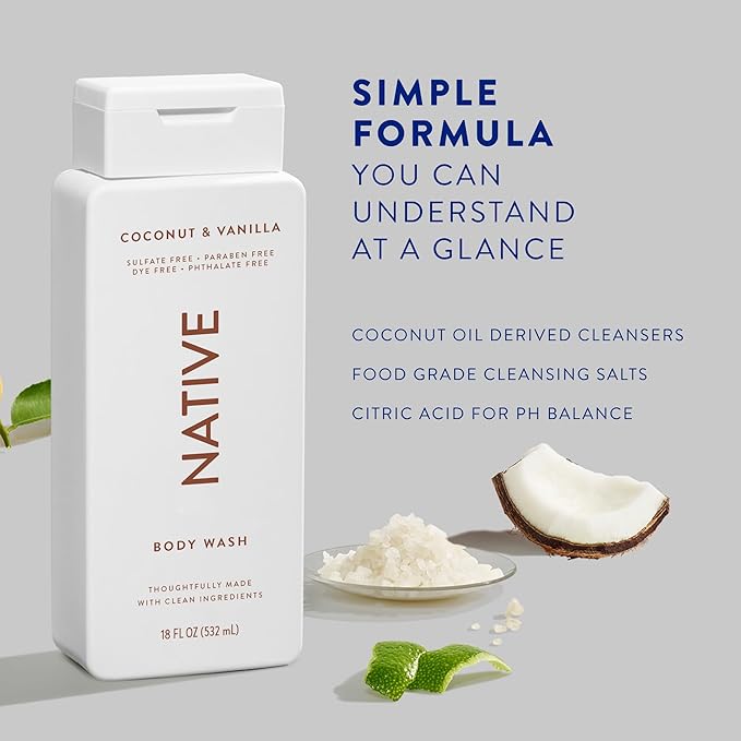 Native Body Wash Contains Naturally Derived Ingredients | For Women & Men, Sulfate, Paraben, & Dye Free Leaving Skin Soft and Hydrated | Coconut & Vanilla 18 oz - 2 Pk-VeraVaultWomen