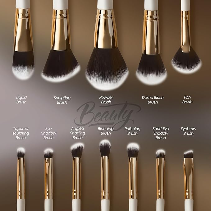 Makeup Brushes Set 12 Piece Professional & Beginner Friendly, Soft Synthetic Bristles for Face Eyeshadow Blending, Easy to Clean Travel Ready with Case, Ergonomic Wooden Handle Hypoallergenic (White)-VeraVaultWomen