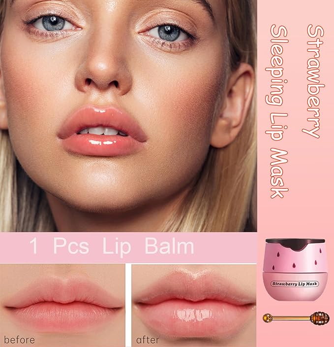 1 PCS Bee Lip Balm Honey Pot, Exfoliating Strawberry Bee Lip Balm Sleeping Lip Mask Overnight with Sticks, Honey Pot Lip Balm Prevention Dry Hydrating and Crack Lip Scrubs-VeraVaultWomen