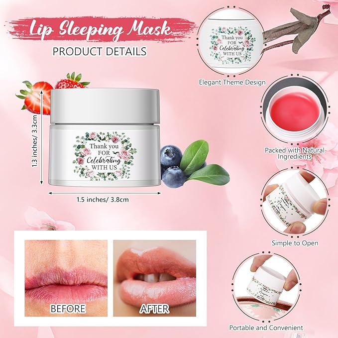 12 Pcs Thank You Lip Sleeping Mask Bulk Bridal Shower Gifts for Guests Thank You for Celebrating with Us Lip Mask Moisturize Nourish for Wedding Bridal Shower Favor Christmas Gift(Floral)-VeraVaultWomen