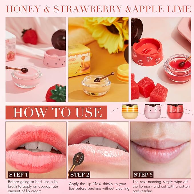12 Pcs Bee Lip Balm Honey Pot with Brush Propolis Lip Mask Overnight, Moisturizing Hydrating Lip Sleeping Mask Prevention Dry and Cracked(Honey+Strawberry+Watermelon)-VeraVaultWomen