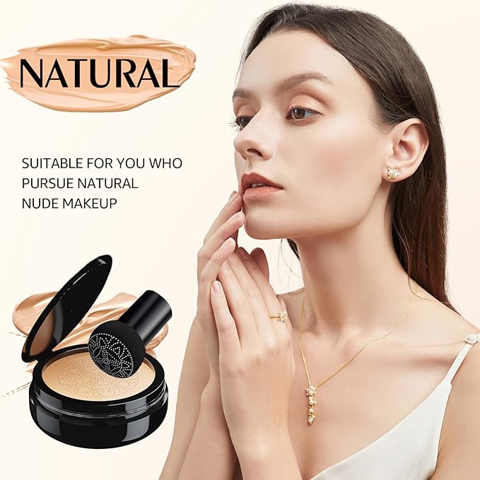 Mushroom Head Air Cushion CC Cream Foundation - Moisturizing & Long-Lasting BB Cream Concealer Makeup Base for All Skin Types, Brighten Long - Lasting Even Color Correcting Concealer (Natural)-VeraVaultWomen