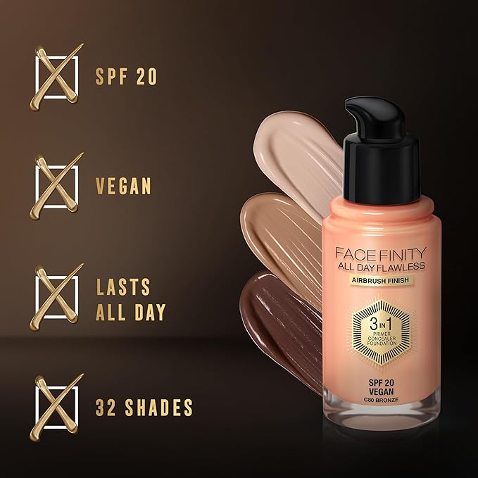 Max Factor Facefinity 3-in-1 All Day Flawless Liquid Foundation, SPF 20-62 Warm Beige, 30 ml-VeraVaultWomen