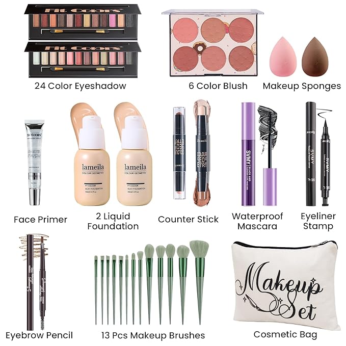 Makeup Kit for Women Full Kit, Travel Makeup Kit for, Makeup Present Set for Teens Girls Beginners Professionals, Makeup Bundle Include 2 Matte & Glitter Eyeshadow Palettes, Lip Gloss Set-VeraVaultWomen