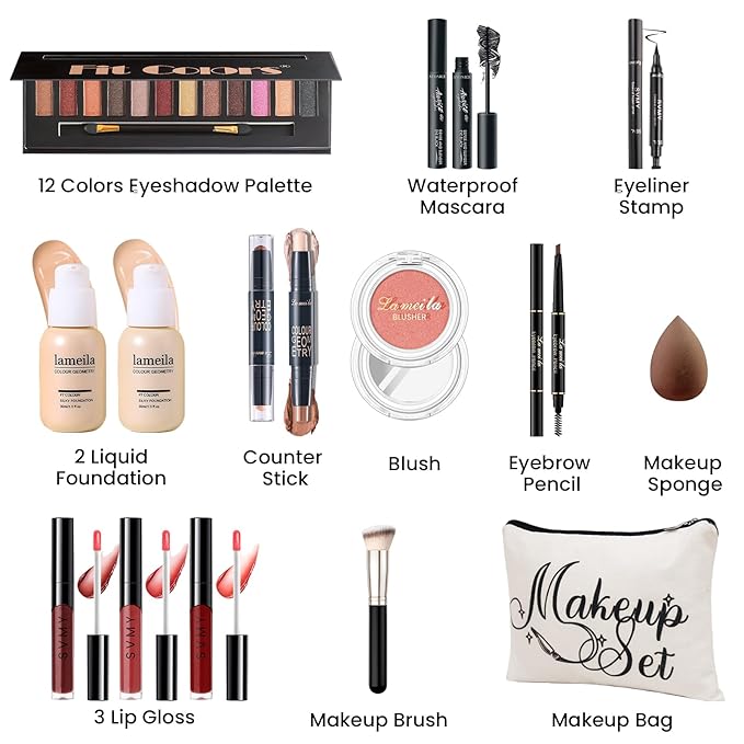 Makeup Kit for Girls Teens, Travel Makeup Kit, Facial Makeup Full Kit, Makeup Present Set for Beginners & Professionals, Cosmetic Bag Include Pigmented Blendable Eyeshadow Palette, concealer-VeraVaultWomen