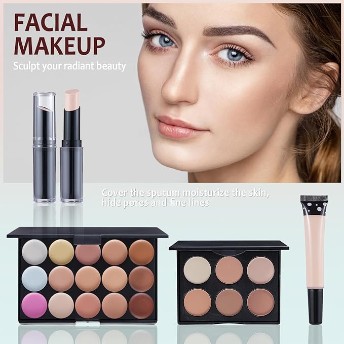 Makeup Kit For Women Full kit, Makeup Set For Teen Girls Eyeshadow Lip gloss Lipstick Make up Brushes Eyebrow Eyeliner Pen Liquid Concealer Foundation Primer Puff Eye shadow Shields Eye Brow Stencil-VeraVaultWomen