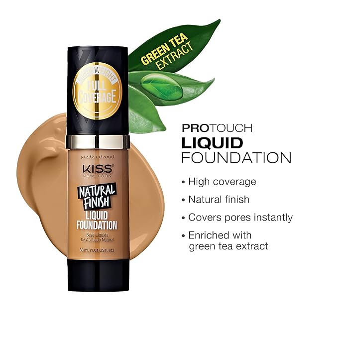Kiss New York Professional Liquid Foundation - Lightweight and Hydrating Formula, Natural Finish, Control Shine, Cover Pores, Medium to Full Coverage, Green Tea Extract (Soft Tan)-VeraVaultWomen
