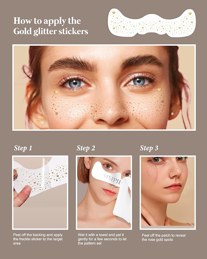Glitter Freckles, Face Glitter for Kids Women Girls, Waterproof Glow Up Singer Concerts Festival Rave Accessories (Gold - Hearted)