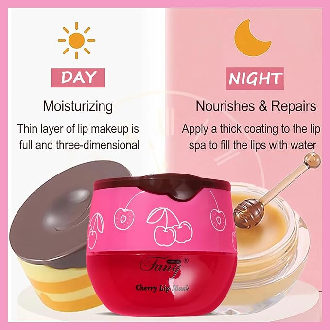 1 PCS Bee Lip Balm Lip Mask Honey Pot, Cherry Moisturizing Sleeping Lip Mask Overnight with Sticks, Lip Balm Honey Pot Lip Balm Hydrating Prevention Dry and Crack Lip Scrubs Exfoliator-VeraVaultWomen