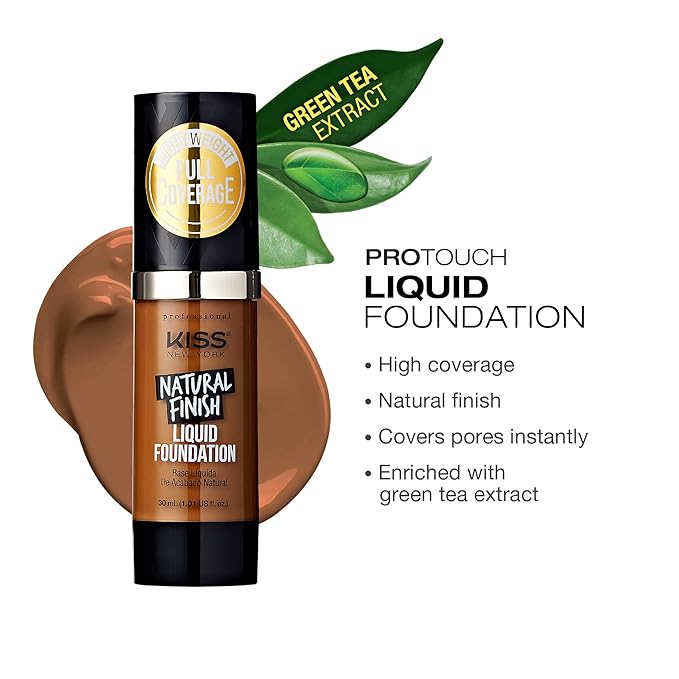 Kiss New York Professional Liquid Foundation - Lightweight and Hydrating Formula, Natural Finish, Control Shine, Cover Pores, Medium to Full Coverage, Green Tea Extract (Warm Coconut)-VeraVaultWomen
