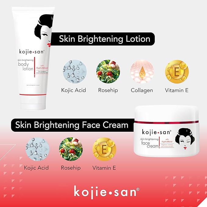 Kojie San Face & Body Complete Brightening Mini Set - 65 Gram x 2 Bars Soap, Body Lotion, Face Cream, and Facial Cleansing Brush-VeraVaultWomen