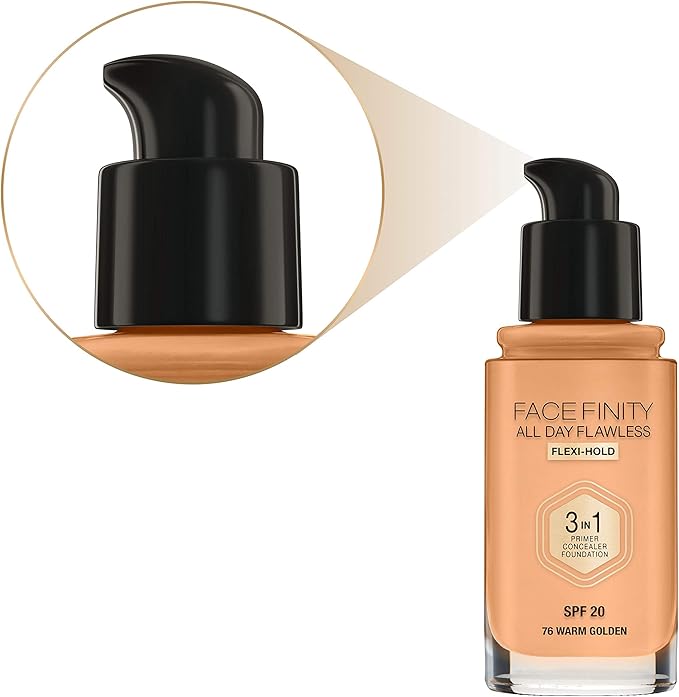 Max Factor Facefinity 3-in-1 All Day Flawless Liquid Foundation, SPF 20-76 Warm Golden, 30 ml-VeraVaultWomen