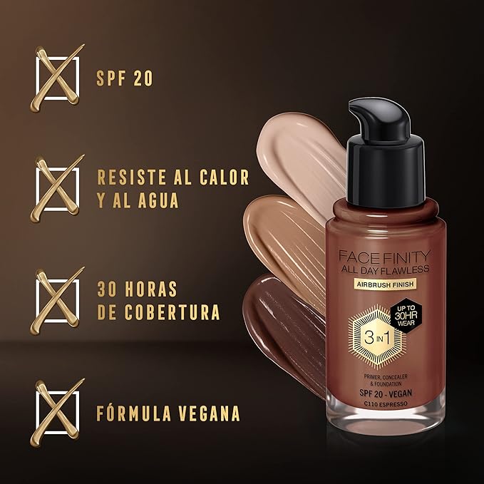 Max Factor Facefinity 3-in-1 All Day Flawless Liquid Foundation, SPF 20-110 Espresso, 30 ml-VeraVaultWomen
