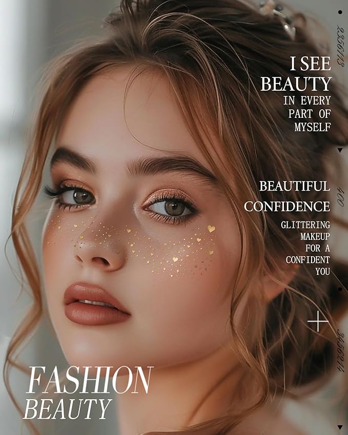 Glitter Freckles, Face Glitter for Kids Women Girls, Waterproof Glow Up Singer Concerts Festival Rave Accessories (Gold - Hearted)
