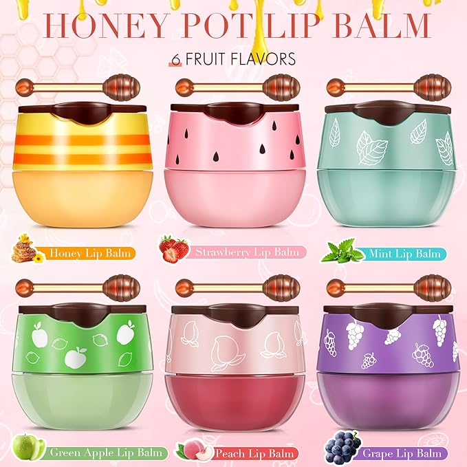 12 Pcs Bee Lip Balm Honey Pot with Brush Propolis Lip Mask Overnight, Moisturizing Hydrating Lip Sleeping Mask Prevention Dry and Cracked(Honey+Peach+Grape+Strawberry+Apple Lime+Mint)-VeraVaultWomen