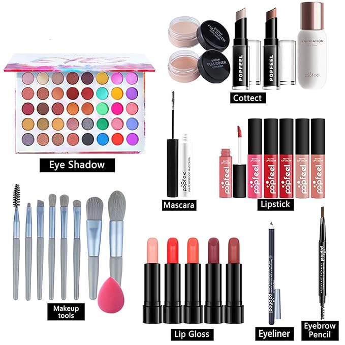Makeup Kit for Women Full Kit, with Professional Make Up Bag Eyeshadow Red Lipstick, Powder Brush, Concealer, Glitter Lip Gloss, Waterproof Mascara, Eyebrow Pencil, Birthday Gift for Mom Sister-VeraVaultWomen