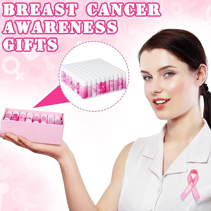100 Set Pink Ribbon Breast Cancer Awareness Gifts Bulk, 100 Lip Balms, 100 Organza Gift Bags and 100 Tags Perfect for Charity Events, Survivors Awareness Campaigns-VeraVaultWomen