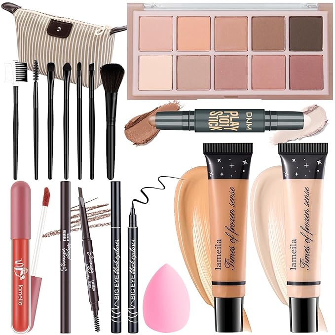 Makeup Kit For Girls Teens Women, Makeup Set, Makeup Present, Includes Eyeshadow Palette, Foundation, Eyebrow Pencil, Eyeliner, Lip Gloss, Counter Stick, Makeup Brush Set Bag & Sponge-VeraVaultWomen