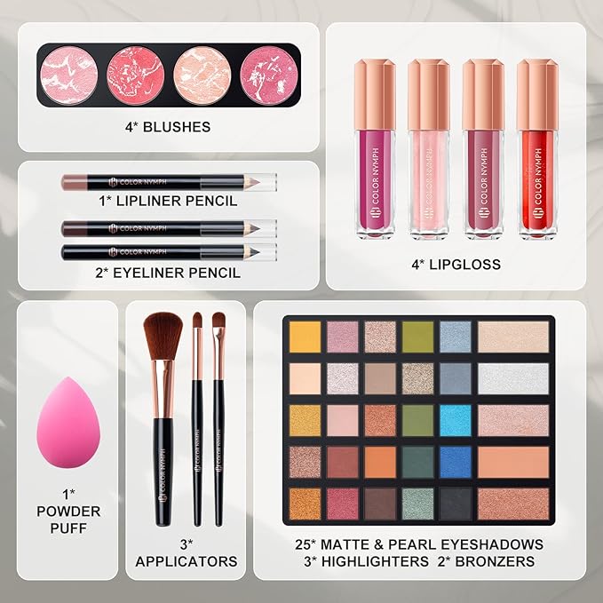 Makeup Kit for Women,All in One Makeup Gift Set for Girls in Cosmetic Train Case (White) With Mirror,Full Starter Cosmetic Kit Includes Eyeshadow Palette,Lipgloss,Blushes-VeraVaultWomen