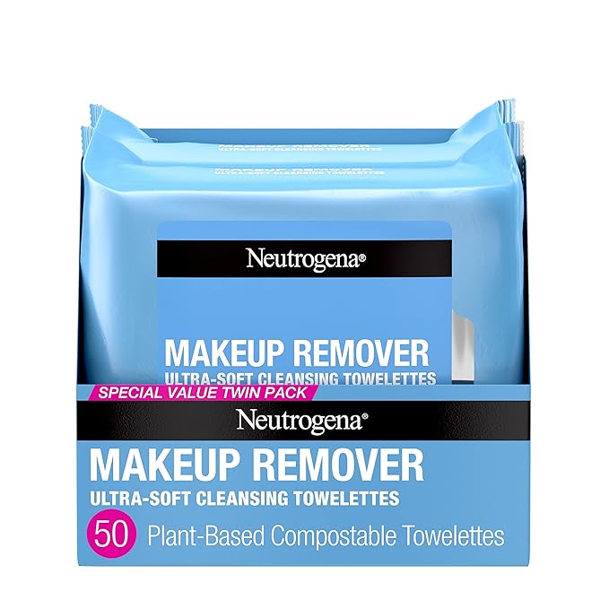 Neutrogena Makeup Remover Wipes, Ultra-Soft Cleansing Facial Towelettes for Waterproof Makeup, Alcohol-Free, Plant-Based, Twin Pack, 25 Count (Pack of 2)-VeraVaultWomen