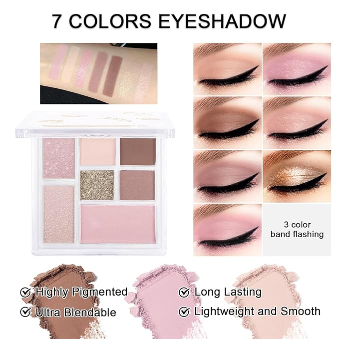 Makeup Kit for Teens Girls, Makeup Present Set for Women, Makeup Full Kit for Beginners, Mini Makeup Bundle Include 7 Pink colors Matte & Shimmer Pigmented Eyeshadow Palette, Eyebrow Powder-VeraVaultWomen