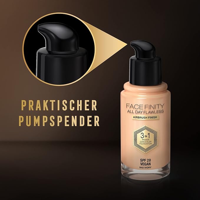 Max Factor Facefinity 3-in-1 All Day Flawless Liquid Foundation, SPF 20-42 Ivory, 30 ml-VeraVaultWomen