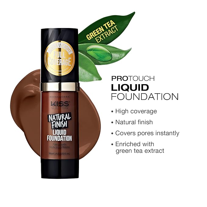 Kiss New York Professional Liquid Foundation - Lightweight and Hydrating Formula, Natural Finish, Control Shine, Cover Pores, Medium to Full Coverage, Green Tea Extract (Cognac)-VeraVaultWomen