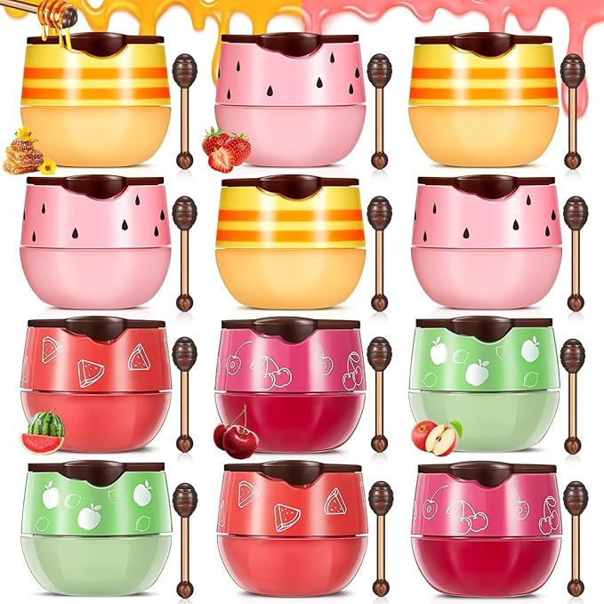 12 Pcs Bee Lip Balm Honey Pot with Brush Propolis Lip Mask Overnight, Moisturizing Hydrating Lip Sleeping Mask Prevention Dry and Cracked(Honey+Strawberry+Watermelon+Apple Lime+Cherry)-VeraVaultWomen