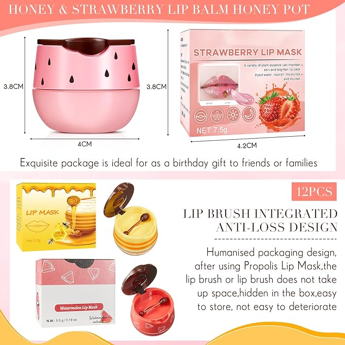 12 Pcs Bee Lip Balm Honey Pot with Brush Propolis Lip Mask Overnight, Moisturizing Hydrating Lip Sleeping Mask Prevention Dry and Cracked(Honey+Strawberry+Watermelon)-VeraVaultWomen